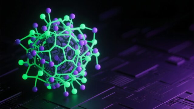 黒い基盤の上にある緑色に発光する線と紫色の球体で構成された網目、サイバー背景素材