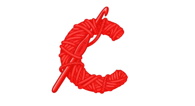 Red Yarn Letter C with Crochet Hook, Crafting and Knitting Concept
