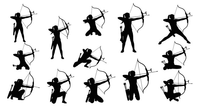 Archery Silhouette Collection: Diverse Poses of Female Archers with Bows and Arrows