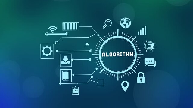 Complex data algorithm concept with mathematical logic and computing icons on a digital interface representing artificial intelligence and code.