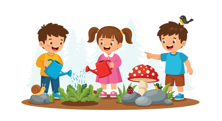 Three happy children are watering plants and exploring nature in a garden, with a snail, ladybugs, a bird, and a large red-spotted mushroom. © Hulu
