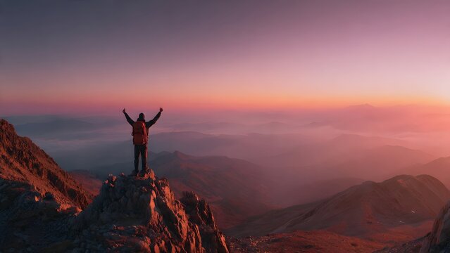 Silhouette of a man standing on a mountain peak at sunset with clouds and sky