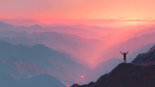Sunset and sunrise over a mountain landscape with clouds, fog, and golden sky at dawn and dusk