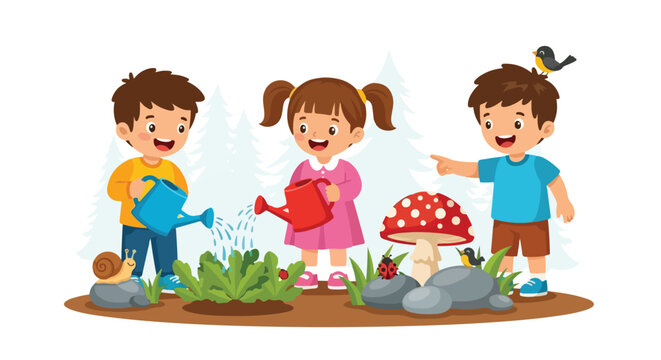 Three happy children are watering plants and exploring nature in a garden, with a snail, ladybugs, a bird, and a large red-spotted mushroom.