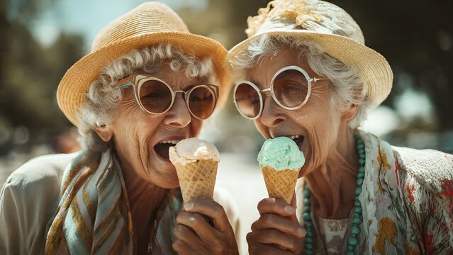 Happy woman man and child enjoying ice cream in a summer park smiling with joy