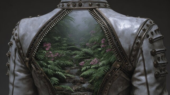 Surreal closeup of an unzipped metallic jacket opening to a misty fern forest with flowers, symbolizing inner nature, creativity and eco-conscious fashion storytelling.