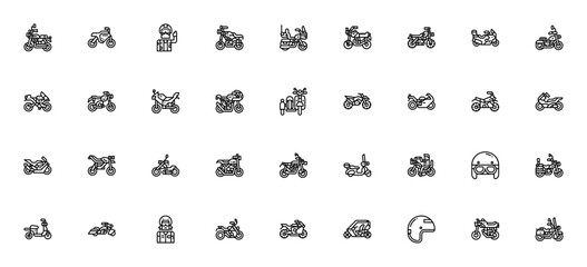 Motorcycle icon set. Vector illustration pack. Includes biker, scooter, helmet, chopper, enduro, sidecar and more. Editable stroke line icons. © wang