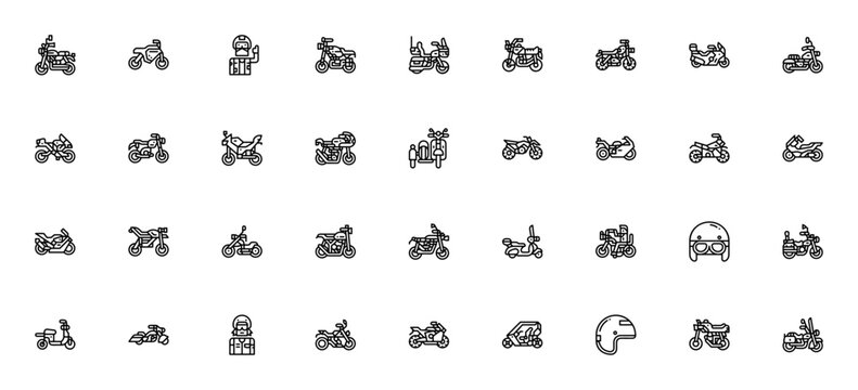 Motorcycle icon set. Vector illustration pack. Includes biker, scooter, helmet, chopper, enduro, sidecar and more. Editable stroke line icons.