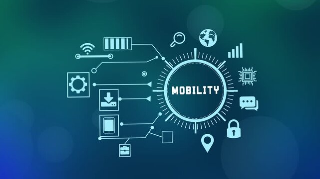Modern mobile technology mobility concept featuring smartphone and wireless connectivity icons on a futuristic tech circuit background.