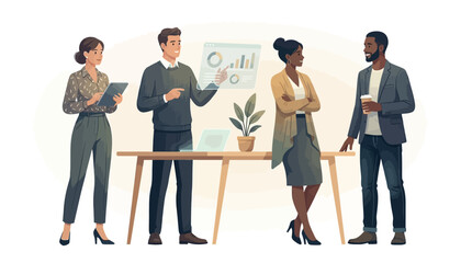 Obraz premium Diverse Business Team Presentation Meeting with Charts Dashboard Flat Vector Illustration
