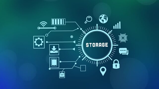 Cloud data storage and backup management concept featuring digital archive icons and secure database connectivity on blue background.