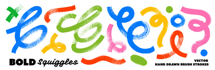 Bold organic squiggly lines and curly brush strokes. Funky grunge graffiti thick squiggles, doodle irregular lines for street art or futuristic design. Geometric bold organic forms with rough texture.