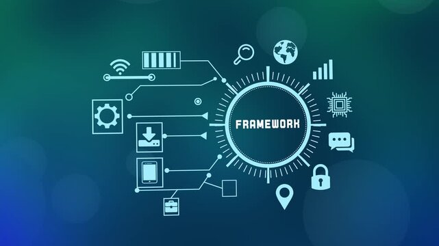 Professional technology framework and structural system design concept with organized technical icons and digital infrastructure elements.