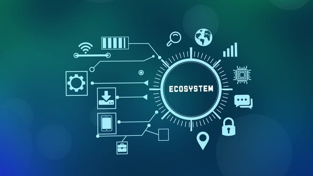 Digital technology ecosystem featuring interconnected smart devices and data nodes representing a sustainable technical network.