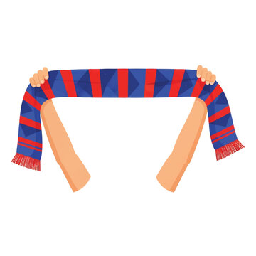 Two hands raised high holding a long soccer scarf with geometric patterns in red and blue, symbol of fan support and unity, bright lighting, clean aesthetic, minimalist flat vector artwork,