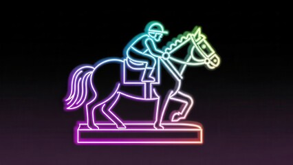 Fototapeta premium Vibrant neon outline of a jockey riding a horse in full stride on a glowing illuminated base a