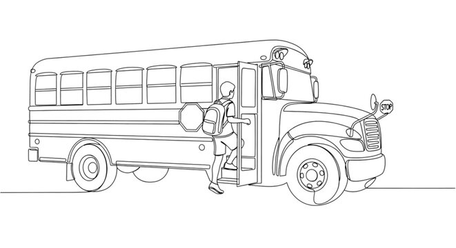 Line drawing of a person exiting a school bus with a backpack  