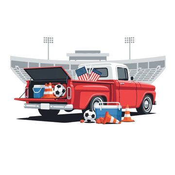 A classic pickup truck with an open tailgate parked in a stadium lot, filled with soccer balls, cones, and a cooler, representing American pre-game culture. minimalist flat vector artwork,
