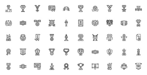 Fototapeta premium Reward and Badges icon set. Vector trophy collection. Includes podium, cup, medal, crown, shield, certificate, ribbon, award and more. Editable line icons.