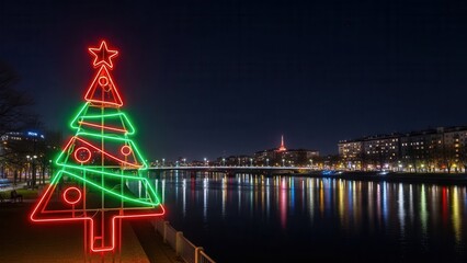 Vibrant neon Christmas tree illuminating an urban riverside at twilight with colorful city