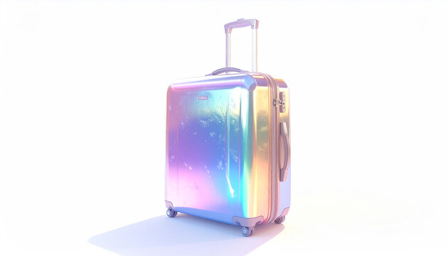 Futuristic holographic rolling suitcase with vibrant rainbow reflections and soft lighting