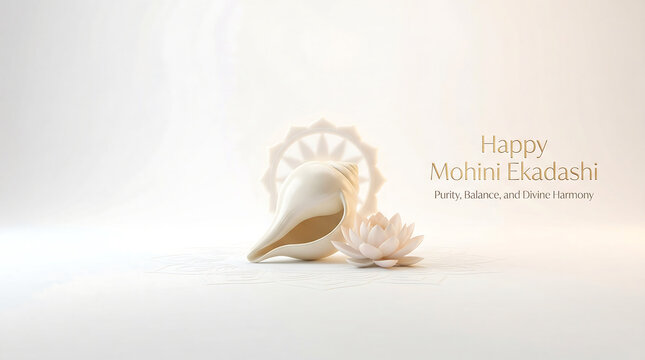 Tilted white conch shell with flower on white background elegant still life with natural elements and soft lighting