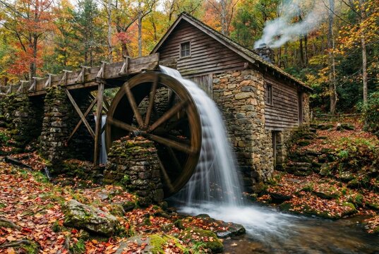 Rustic water wheel milling house generating historical energy with autumn forest background
