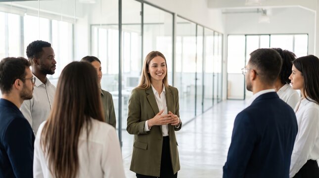 Young professional woman giving confident presentation to diverse office team in modern glass walled workspace, conveying leadership and collaboration with positive energy