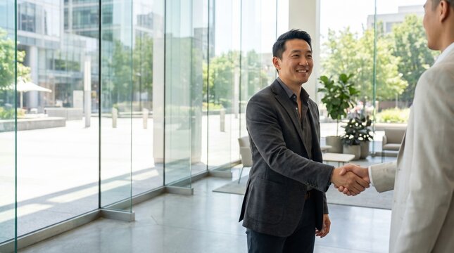 Smiling businessman in dark blazer shaking hands with colleague in bright lobby, natural light and modern glass architecture conveying professional greeting and positive collaboration