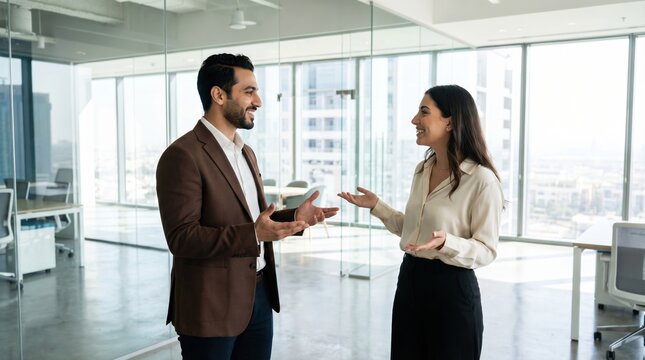 Two colleagues conversing in modern glass office, professional business attire, natural light, smiling and engaged, collaborative and friendly atmosphere