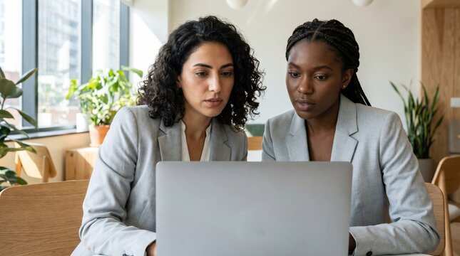 Two professional women in gray blazer collaborating over laptop in modern office with plants and large windows, focused expression conveying teamwork and productivity