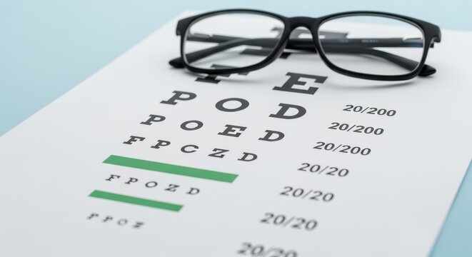 eye exam chart with glasses on top for vision test