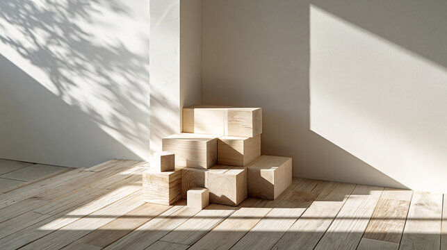 Minimal wooden block interior with natural light and shadows background,自然光と影が美しいミニマルな木製ブロックのインテリア背景