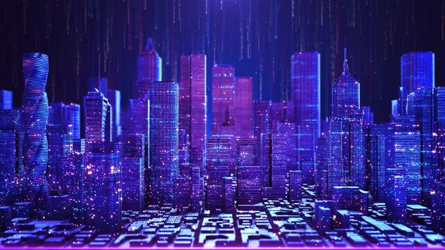 5g wireless social media networking Futuristic city skyline matrix pixel style Artificial intelligence Internet of things Cyber digital city abstract hologram buildings 3d modern connection network.