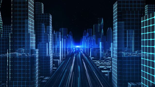 Animation of futuristic cityscape digital data streams glowing in blue lights. technology, cyber, , innovation, skyline. Futuristic Smart City Free Wireless Network. High Speed Internet Connection. 3D