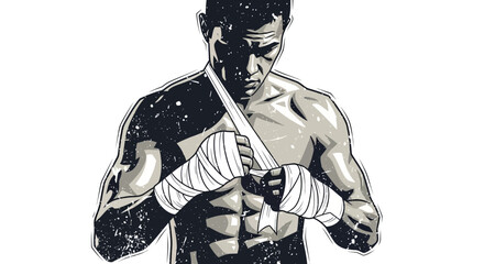 Obraz premium Boxer wrapping hands, intense focus, monochrome sketch style