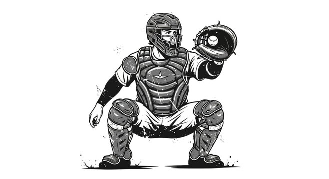 Baseball catcher in protective gear, ready to catch ball, illustration