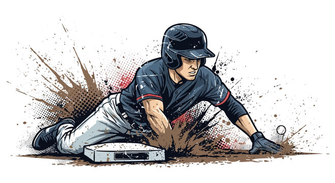 Baseball player sliding into home plate with dirt splash effect
