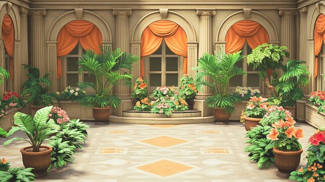 Elegant Indoor Garden Atrium with Classical Architecture, Orange Drapes, and Lush Potted Plants
