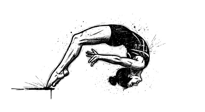 Gymnast performing a back handspring on a beam, dynamic sketch art.