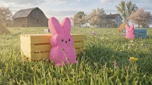 Colorful Peeps Marshmallow Candies on Farm Field with Barn and Blooming Trees in Spring Landscape Pastel Easter Treats