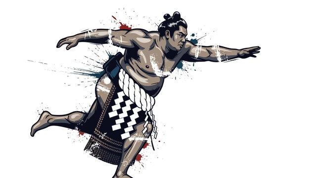 Sumo wrestler in dynamic pose with paint splashes, white background