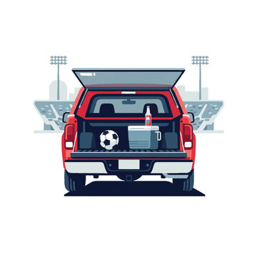 A minimalist North American pickup truck with an open tailgate showing a soccer ball and a cooler in a stadium parking lot, bright sunny lighting, palette of red, blue, grey, and white,