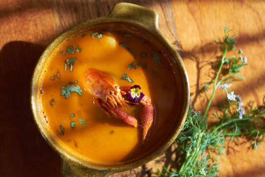 Peruvian chupe de camarones soup with fresh shrimp