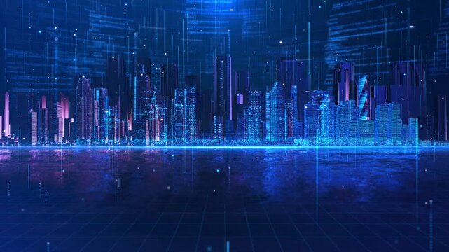 cyberpunk style skyline holographic skyscrapers, digital lines, advanced technology smart infrastructure intelligent urban systems. futuristic city visuals, innovation digital technology backgrounds.