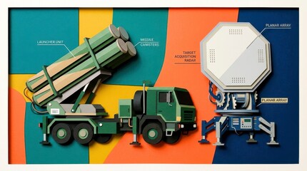 Obraz premium Modern defense system featuring launcher unit with missile canisters and target acquisition radar. This illustration highlights advanced technology used military operations, emphasizing importance