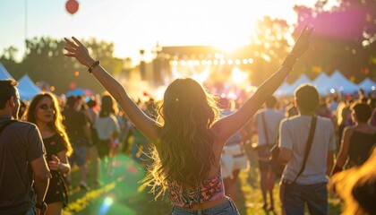 Obraz premium Vibrant outdoor summer music festival at golden hour, capturing the electrifying energy of a jubilant crowd and a woman embracing pure joy with arms outstretched
