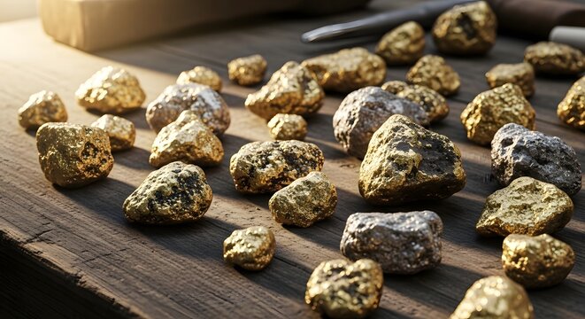 Numerous raw gold nuggets and precious ore scattered on a rustic wooden table, illuminated by warm light.