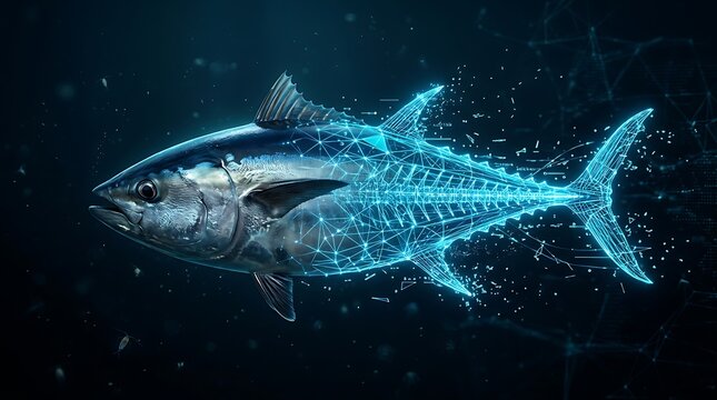 Futuristic digital tuna with glowing blue wireframe and data plexus