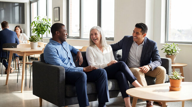 International Workers Day diverse professionals relaxing on sofa showing workplace connection happiness perfect for labor office corporate editorial commercial content materials